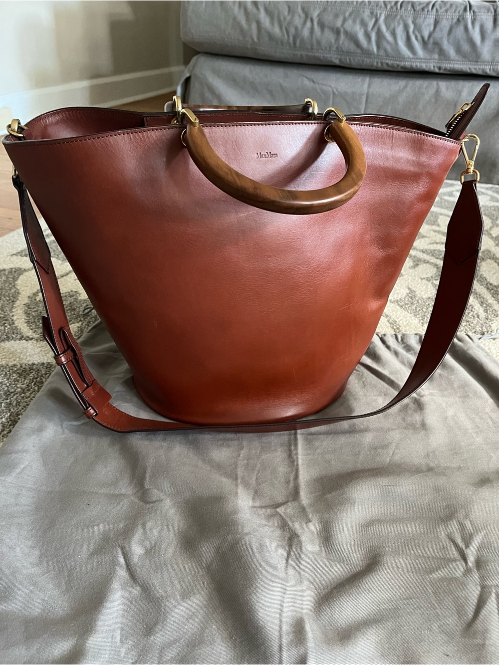 MaxMara Rustic Cognac Leather Tote with Wooden Handles